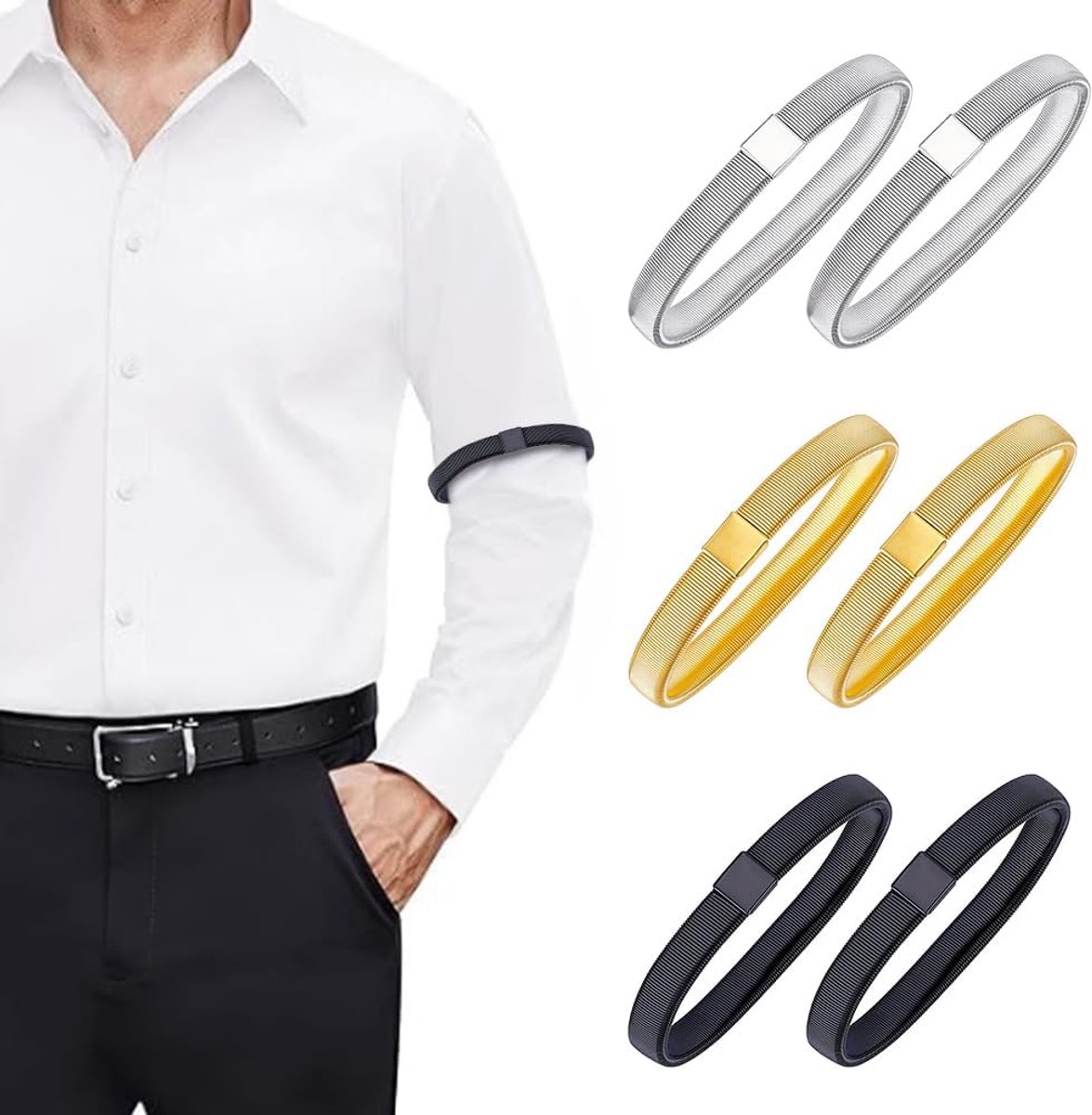 6 Stks Rvs Elastische Mouw Kousenbanden voor Vrouwen Mannen Verstelbare Anti-Slip Armbanden Goud Zilver Zwart Shirt Lange Mouw Houders voor Formele Slijtage Dagelijks Gebruik