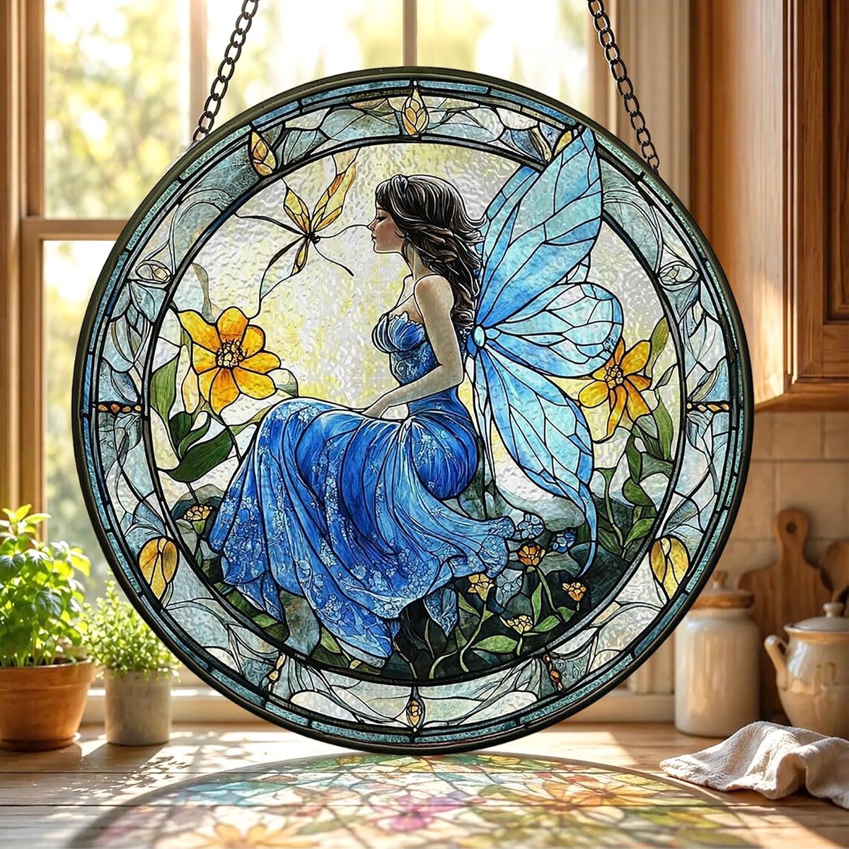 Fee Gekleurd Glas Hangend - Bloem Hangende Raamdecoratie - voor Tuin, Raam en Deur, Verjaardag voor Vrouwen, Handgemaakte Suncatcher Decoratie 20x20 cm