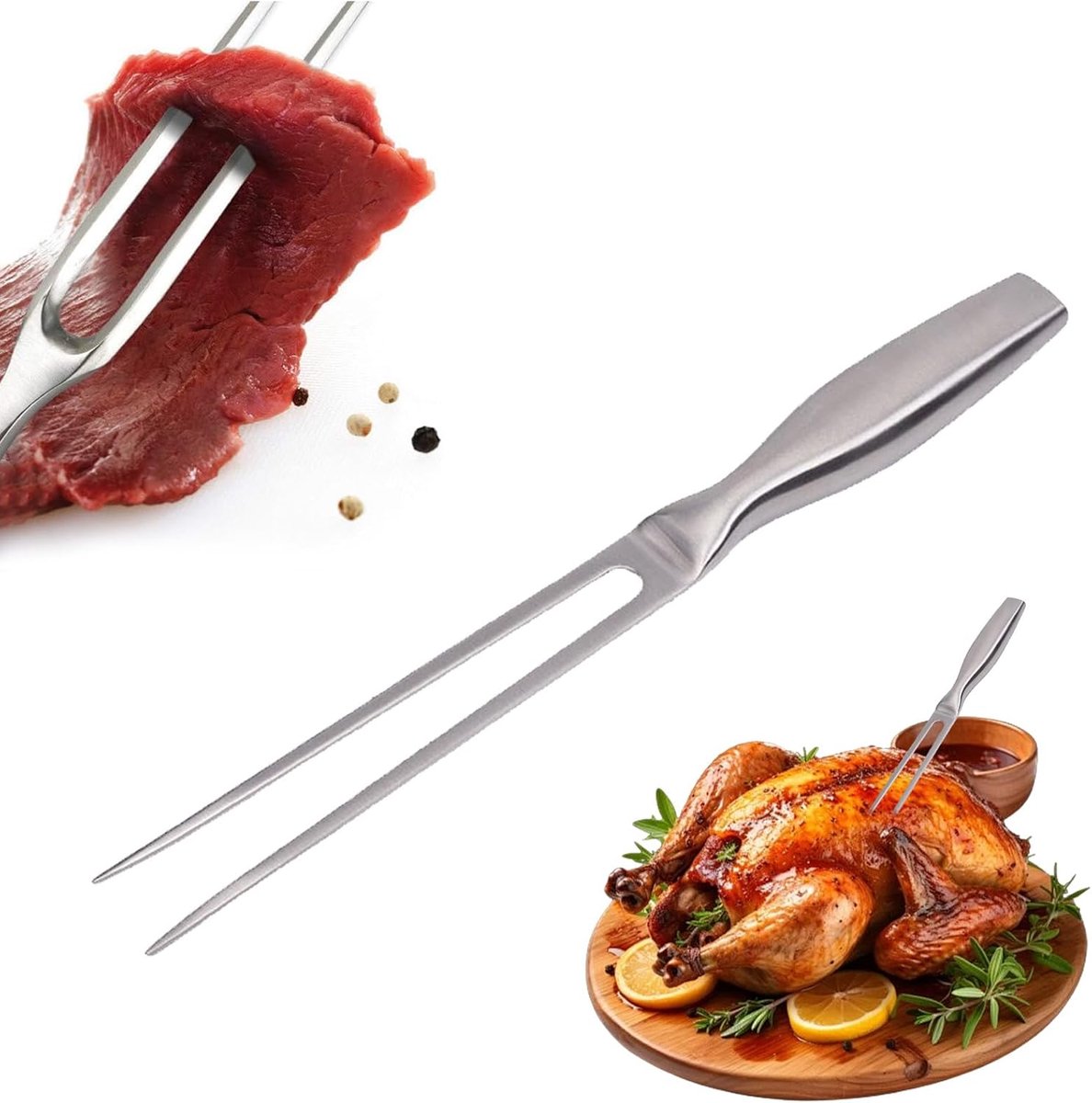 Vleesvork roestvrij staal, grillvork met houten handvat, 27 cm, niet gemakkelijk te buigen, met ergonomische handgreep, ideaal voor grillen en trancheren