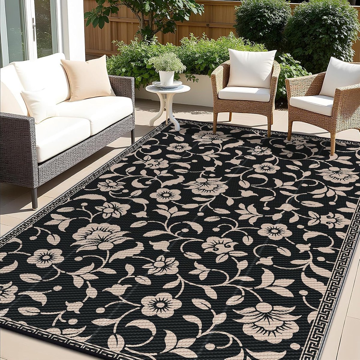 Waterdicht Tapijt Voor Buiten, Voor Balkon, Camping, UV-Bestendig, Wasbaar, Omkeerbaar, Voor Terras, Tuin, Camper - 180 X 270 Cm - Zwart En Beige - Bloemenmotief
