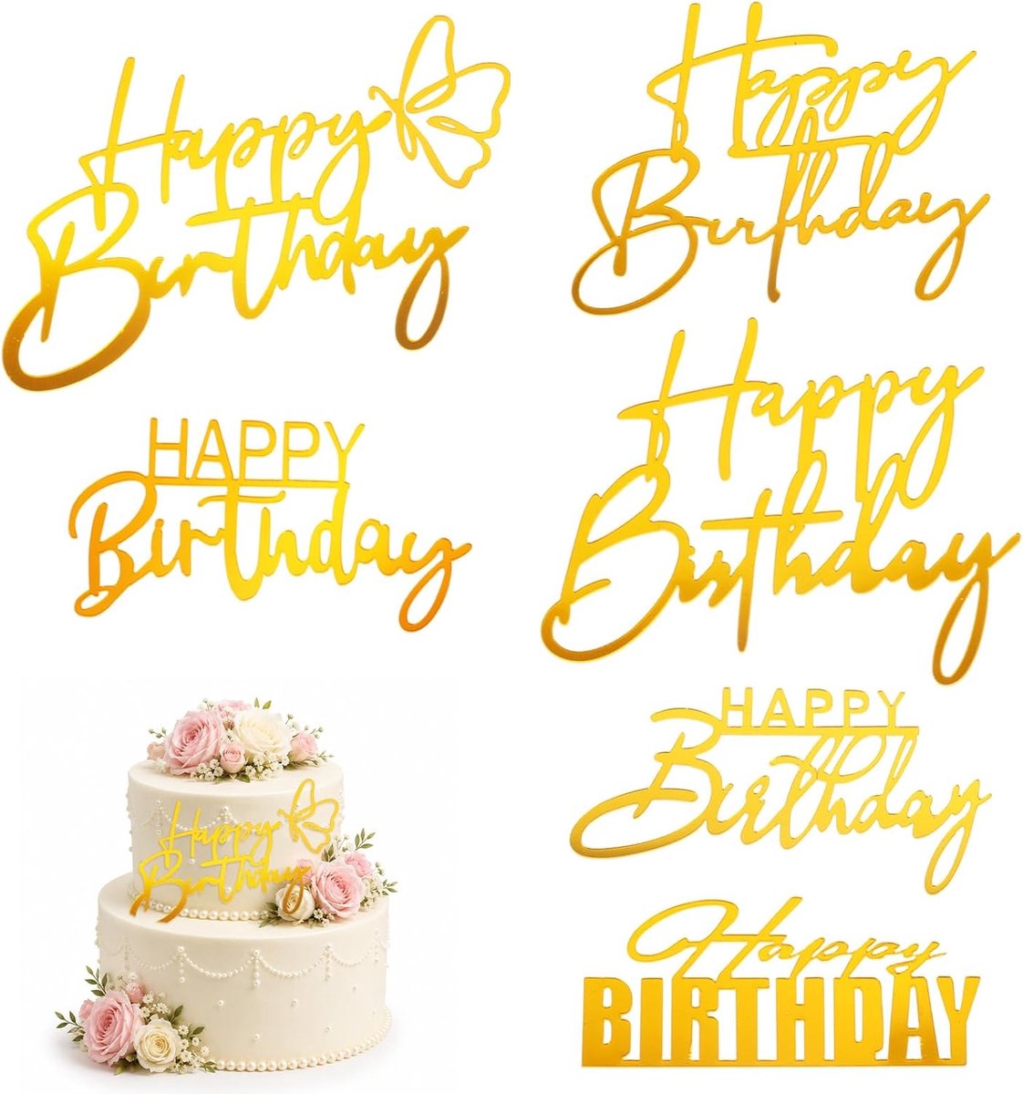 6 stuks gouden Happy Birthday taarttoppers, spiegel kant taart decor plaques, acryl verjaardagsfeestje cupcake toppers voor viering evenement decoraties benodigdheden
