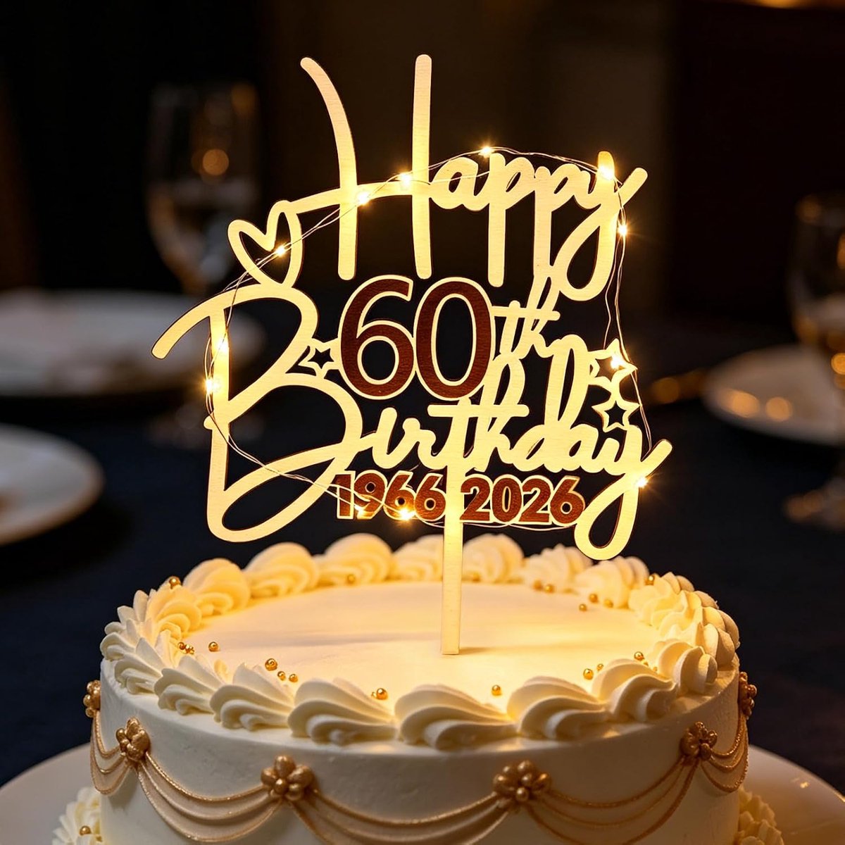 60 jaar vrouw man 1966-2026, cake topper hout led goud | Taartdecoratie Happy 60e verjaardag, decoratie voor de 60e verjaardag