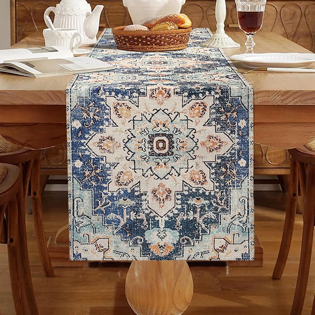 Linnen tafelloper 33 x 183 cm Mandala moderne boho-stijl landelijk rustiek decoratief voor diner, feest, vakantie, eetkamer, dressoir