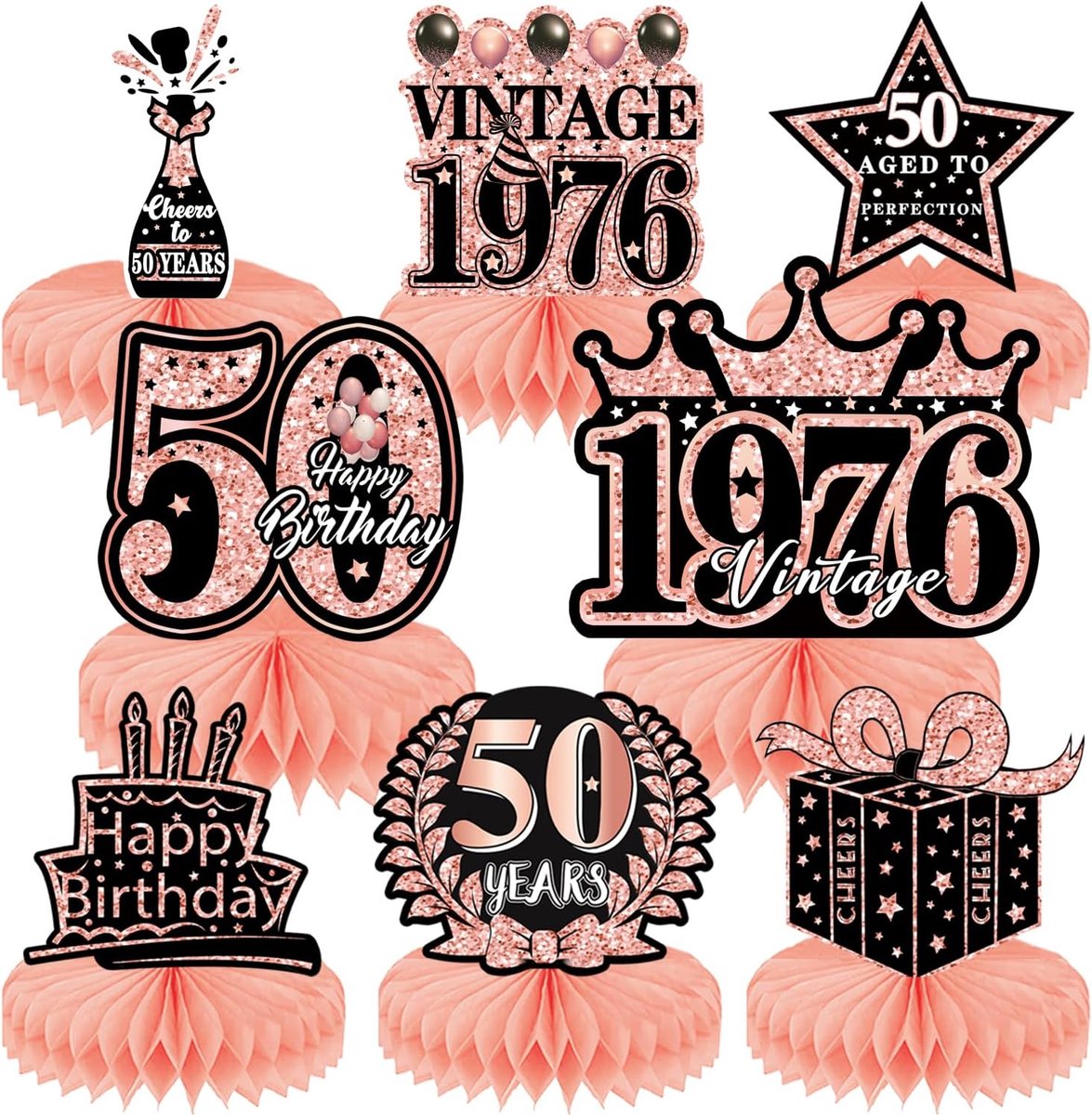 8 stuks tafeldecoratie, verjaardagsdecoratie 50 jaar dames, tafeldecoratie verjaardag van roségoud, tafeldecoraties voor mannen en vrouwen (50 jaar)