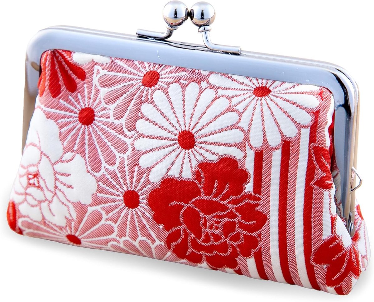 Portemonnees met bloemengesp (Kiss Lock Kleine Make-uptas Ovaal) / Gemaakt in Japan Kiss-lock Change Portemonnee Portefeuilles Kleine Make-uptas voor Vrouwen, Fukure Weave Retro Bloem - Rood,