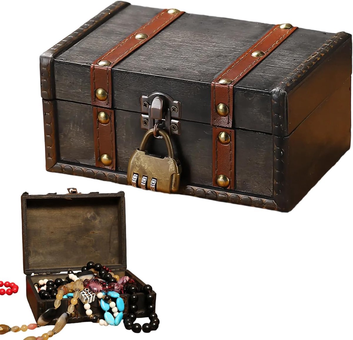 Doos met hangslot, 17 x 11 x 8 cm, piraten-schatkist voor kinderen, met slot, houten box, verjaardag, kleine houten doos, juwelendoosje voor het bewaren en decoreren