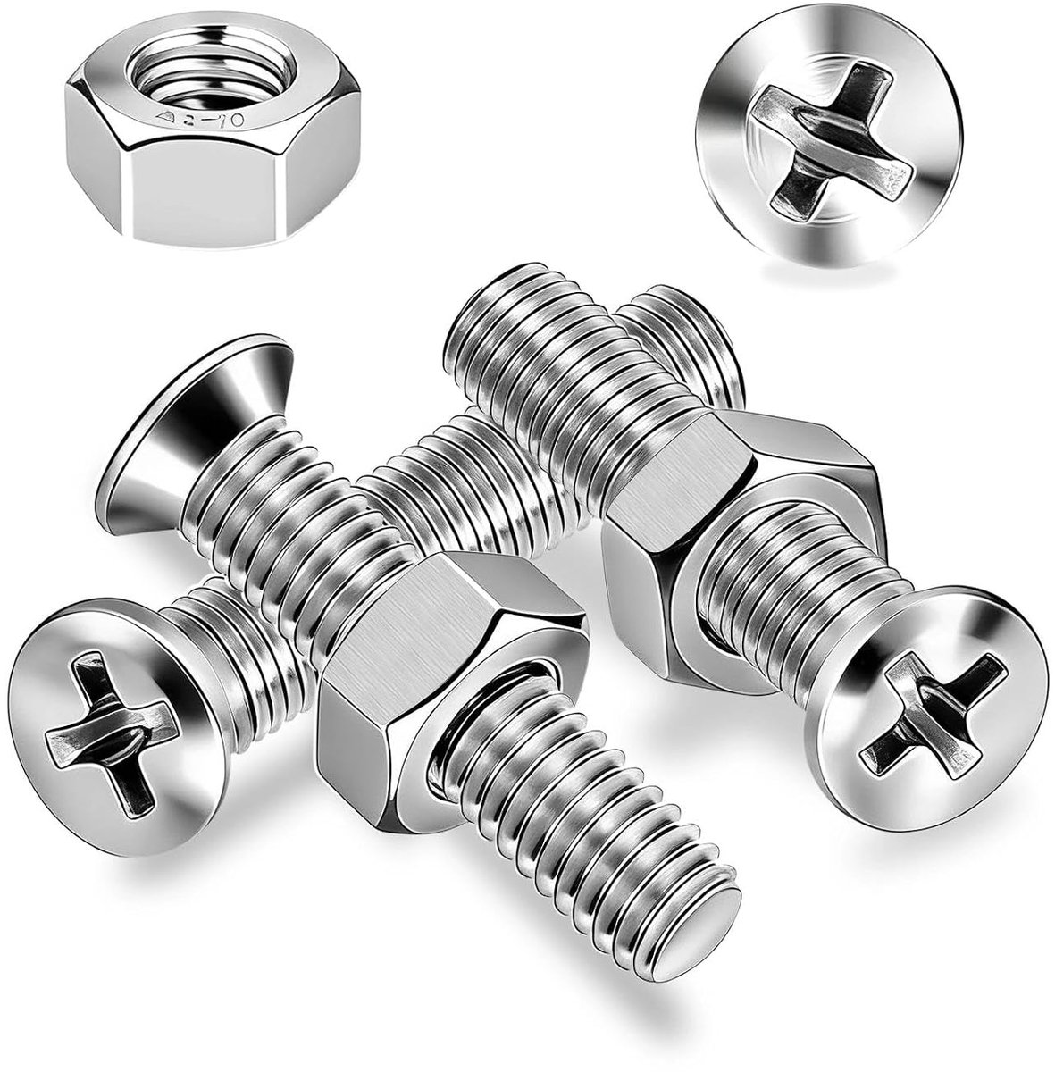 Kopschroeven, roestvrij staal, M3 x 30 mm, 80 stuks platte kopschroeven met moeren, kruiskop, metalen schroeven, machineschroeven, volledige schroefdraad, schroefdraadschroeven voor