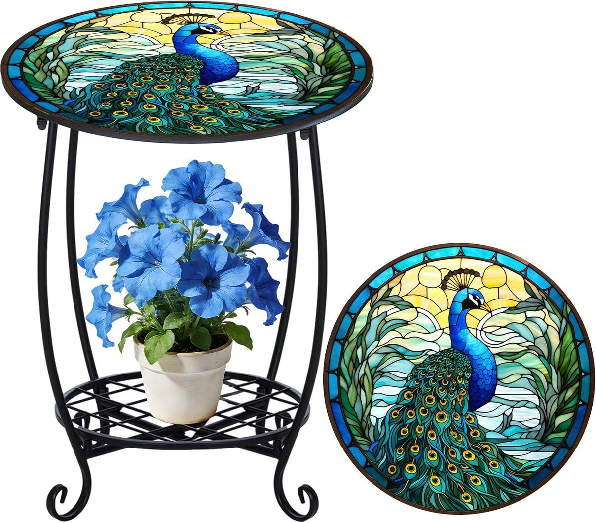 Casalora® Retro balkon bijzettafel - tuin ronde tafel - buiten eettafel - decoratieve binnen bijtafel - tPauw stijl - geschikt voor patio, tuin, veranda, woonkamer - blauw