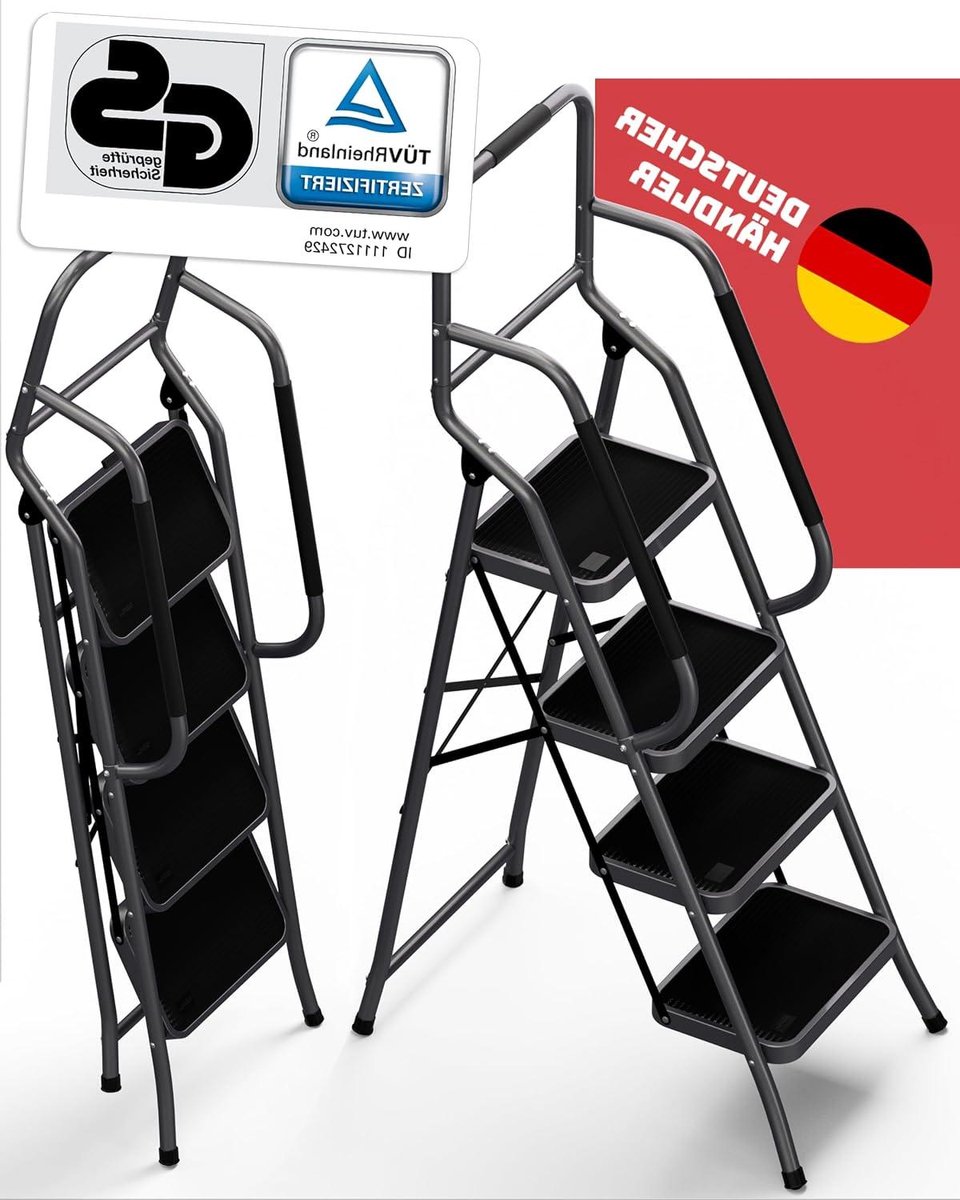 Veiligheidsladder 4 treden - Opvouwbare trap - Huishoudelijk gebruik - TÜV Rheinland gecertificeerd - 150 kg belastbaar - Antraciet