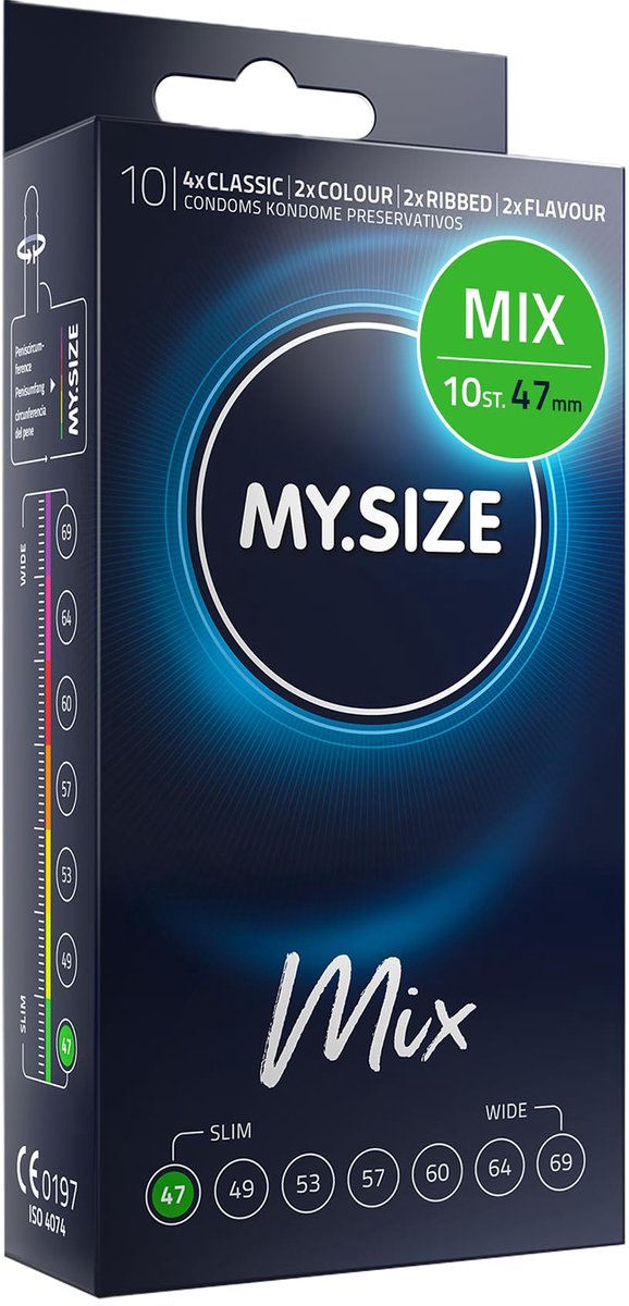 MY.SIZE Mix SET Maat 5, 60 mm: 10 Classic + 10 Condooms in 4 spannende soorten, met aroma, Kleur, Geribbeld & Classic