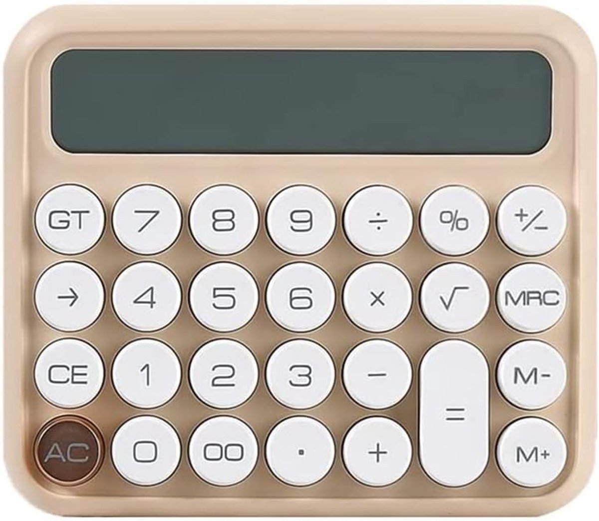 Mechanische rekenmachine met 12 cijfers, een groot lcd-scherm voor op het bureau en grote knoppen, beige.