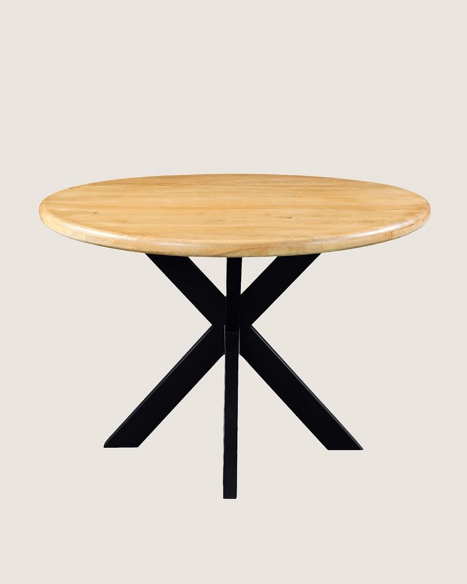 Home Ronde Eettafel 140 cm Mangohout – Zwart Metalen Matrix Onderstel – Landelijk – 5-6 Personen