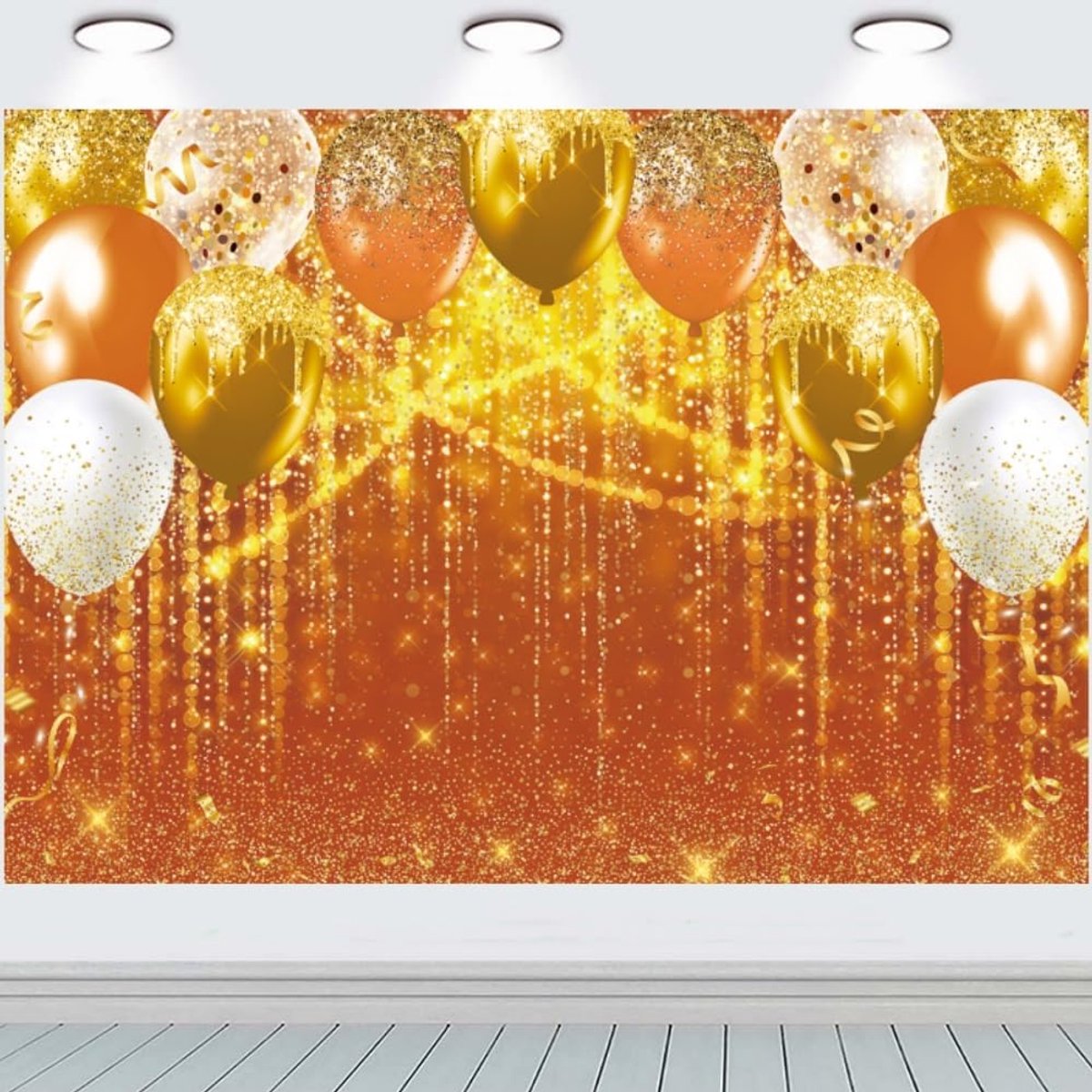 8x6ft oranje en gouden ballonnen fotografie achtergrond Bokeh Sparkle Confetti Photo Booth Banner voor Verjaardag Afstuderen Nieuwjaar Pensioen Verjaardag Party Decoraties