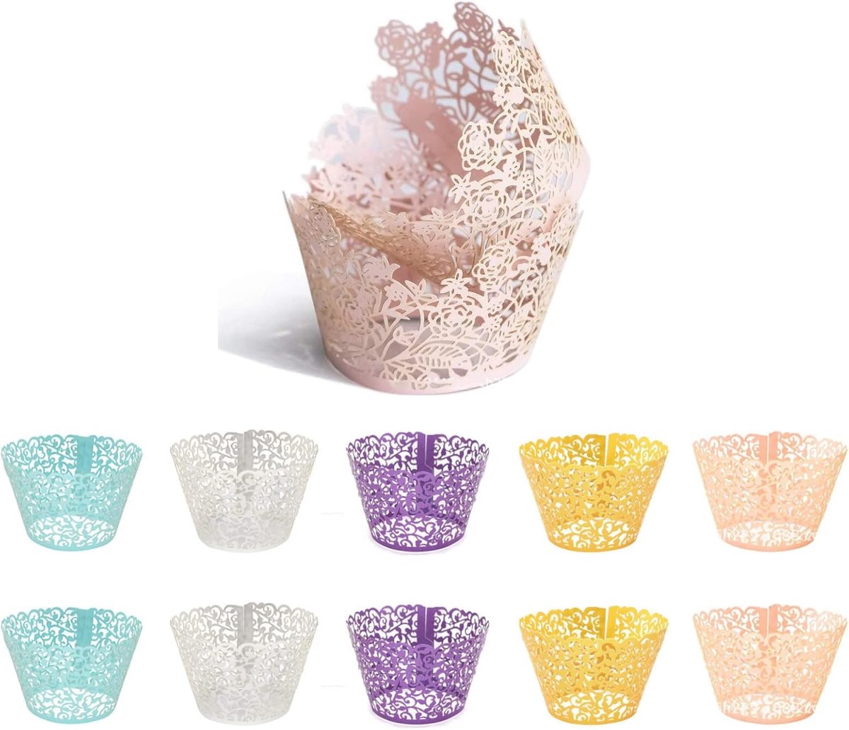 50 Stuks Cupcake Bakvorm, Rozen Muffin Bakvorm, Rozen Cupcake Bakvorm, Geschikt voor Doe-Het-Zelf Taartliefhebbers, voor Thuis Bakken van Taarten(5 Kleuren)