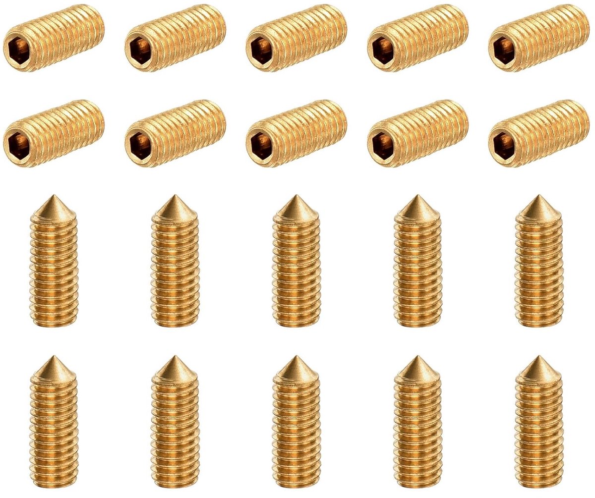 30 stuks zeskantige bandschroeven M3 x 8 mm messing kegelpunt binnenzeskant stelschroeven voor machines, huisreparaties en bevestigingen, goudtint