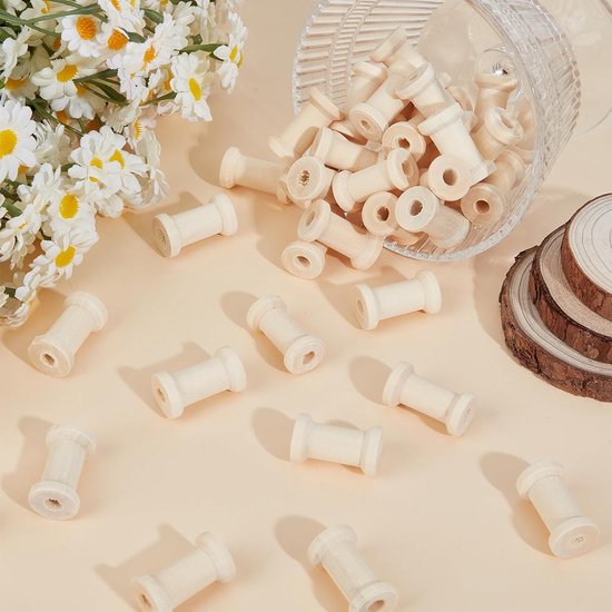 50 stuks 0,63 x 1,06 inch natuurlijke houten draad spoel, houten spoelen onafgewerkte hout textiel spoel, draad weven klossen voor ambachten doe-het-zelf kunst borduurwerk naaigaren touw — afbeelding 5