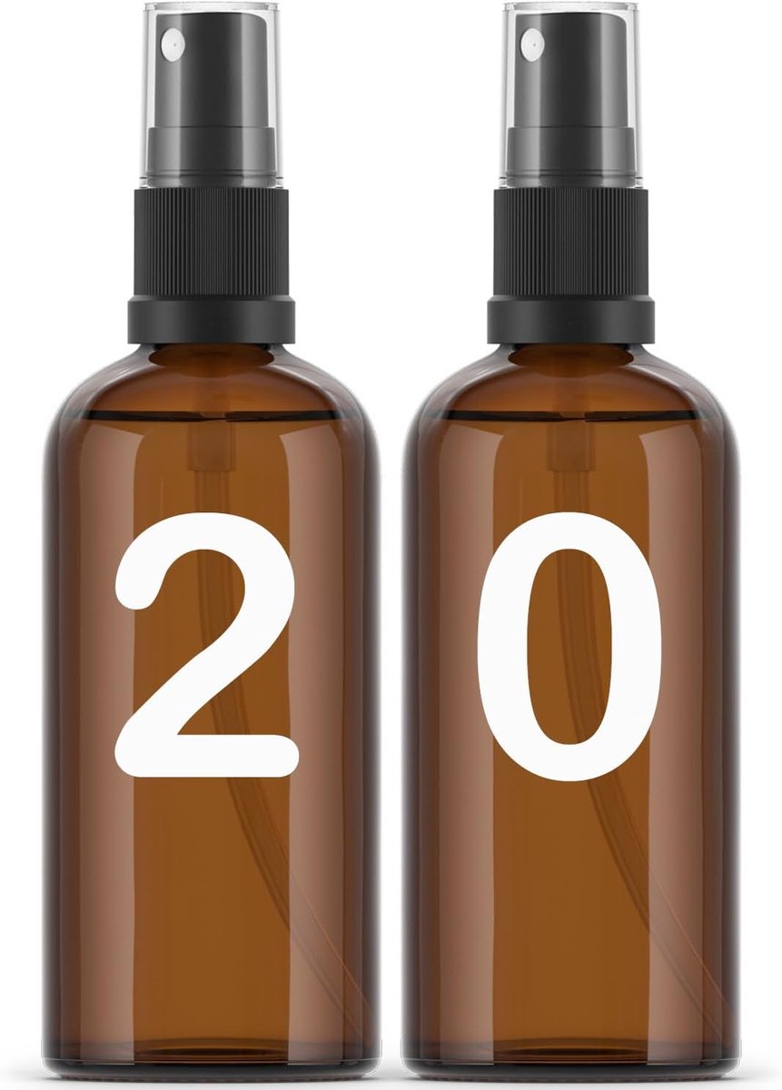 Spuitfles van amberkleurig glas, 20 flessen, navulbare verstuiver, 100 ml