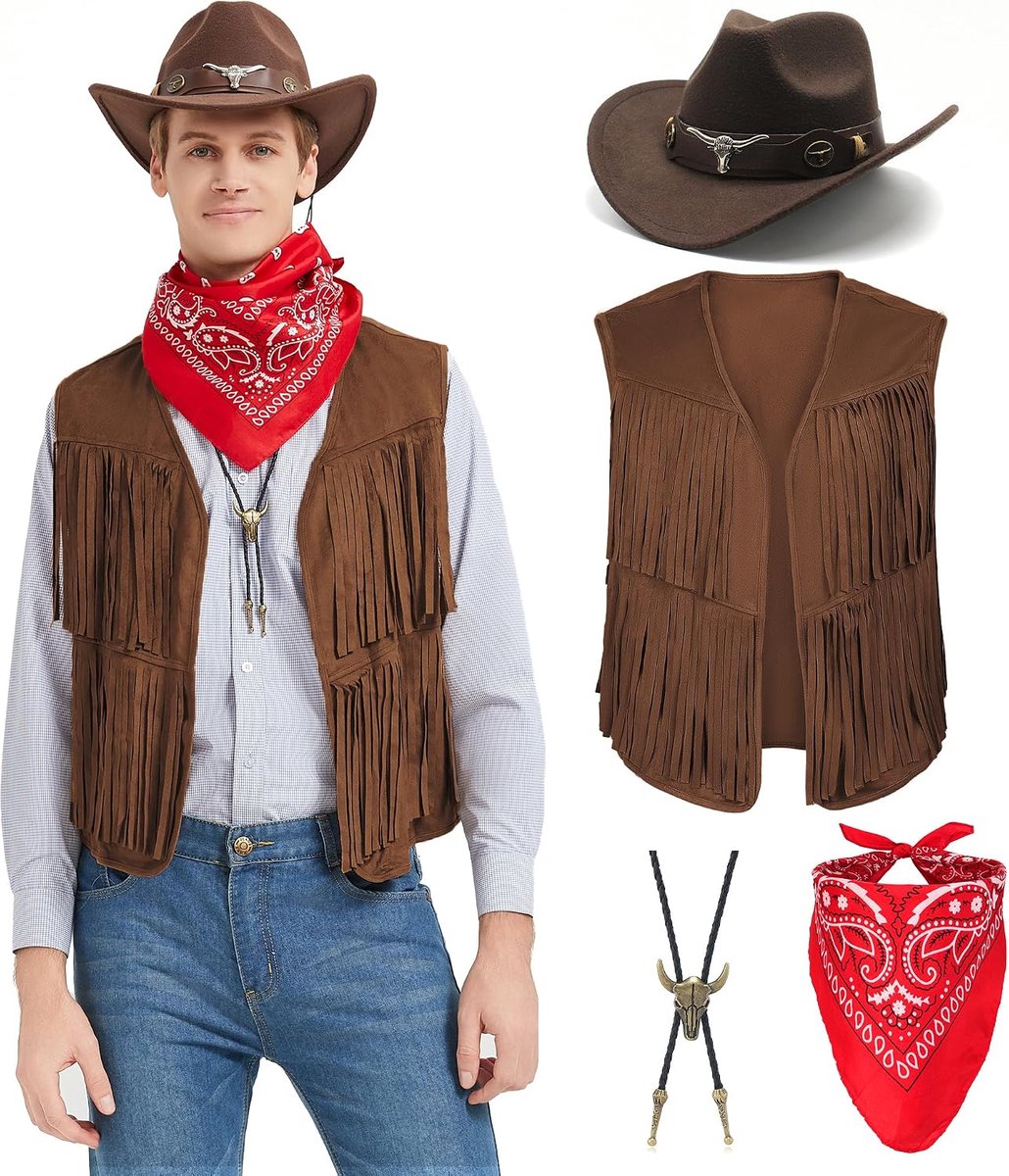 Cowboykostuum voor heren, cosplay met vest, franjes, hoed, bandana, halsketting, vintage, carnaval, hippiekostuum, set voor volwassenen