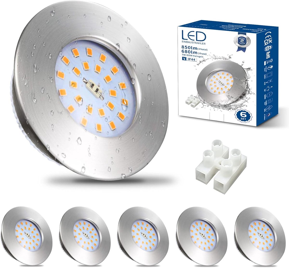 Led-inbouwspot, badkamer, 7 W, 6 x extra platte spots, IP44, waterdicht, warmwit, 3000 K, gat 60 - 68 mm, plafondspots van geborsteld roestvrij staal, 220 V, 850 lm, voor keuken, woonkamer