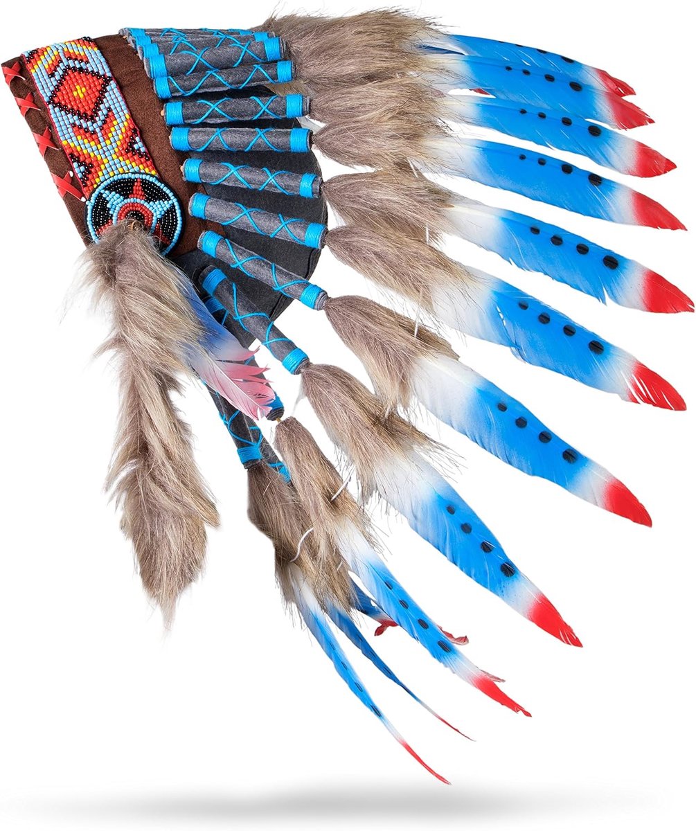 Pineapple handgemaakte Native American geïnspireerd veren hoofdtooi - Korte lengte - Blauw, Rood en Wit