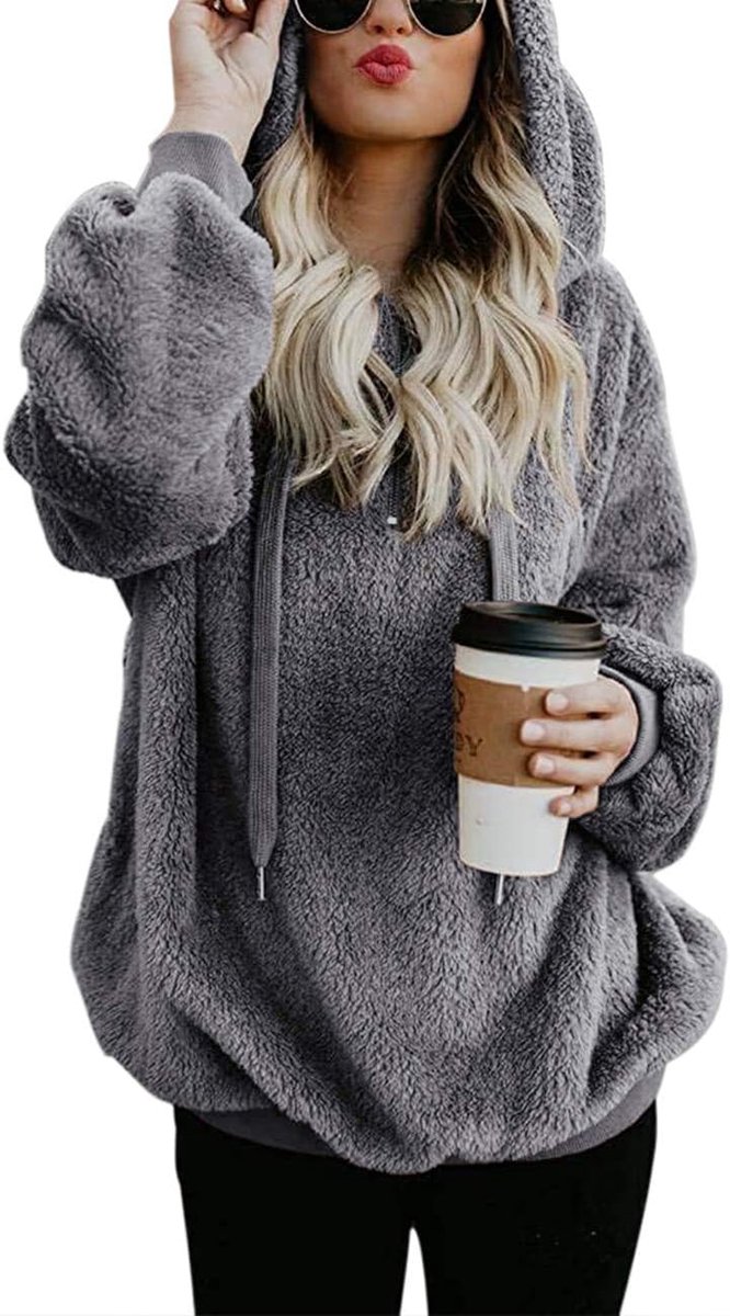 IWoo Hoodie dames capuchonpullover teddy fleece pullover herfst winter warm bovendeel lange mouwen effen casual sweatshirt