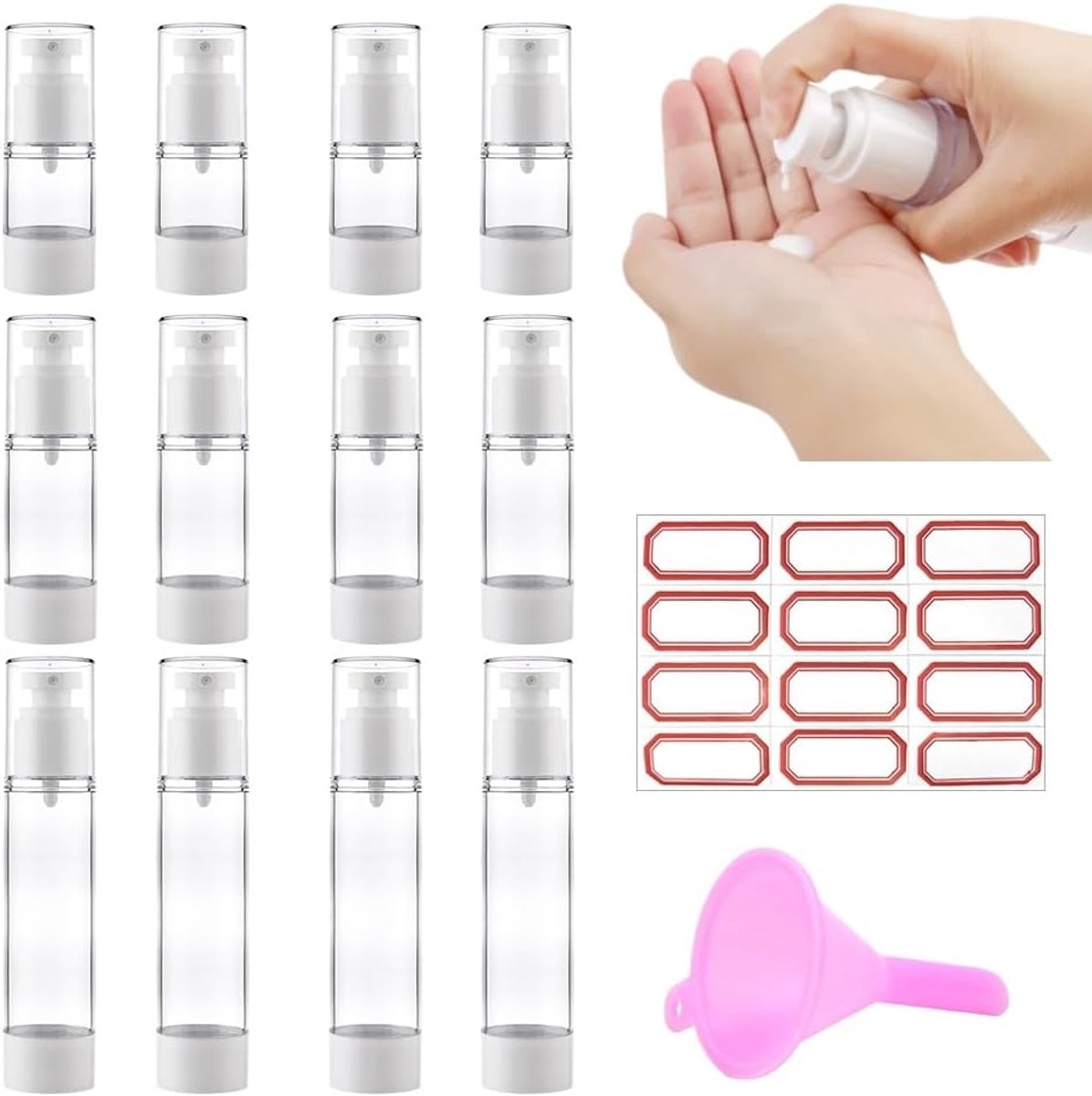 12 lege flessen, 15 ml, 30 ml, 50 ml, pompfles, airless-fles, reizen, vliegtuig, spuitfles, lege spuitfles, met trechter en etiketten voor tonicum, lotion, crème