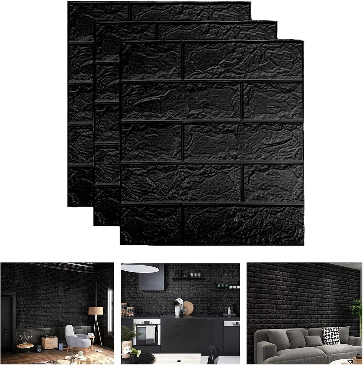Behang, wandpanelen, zelfklevend, 10 stuks, afneembare baksteenstickers, 3D-baksteenbehang, bakpatroon, voor woonkamer, slaapkamer, kinderkamer (35 x 38,5 cm, zwart)