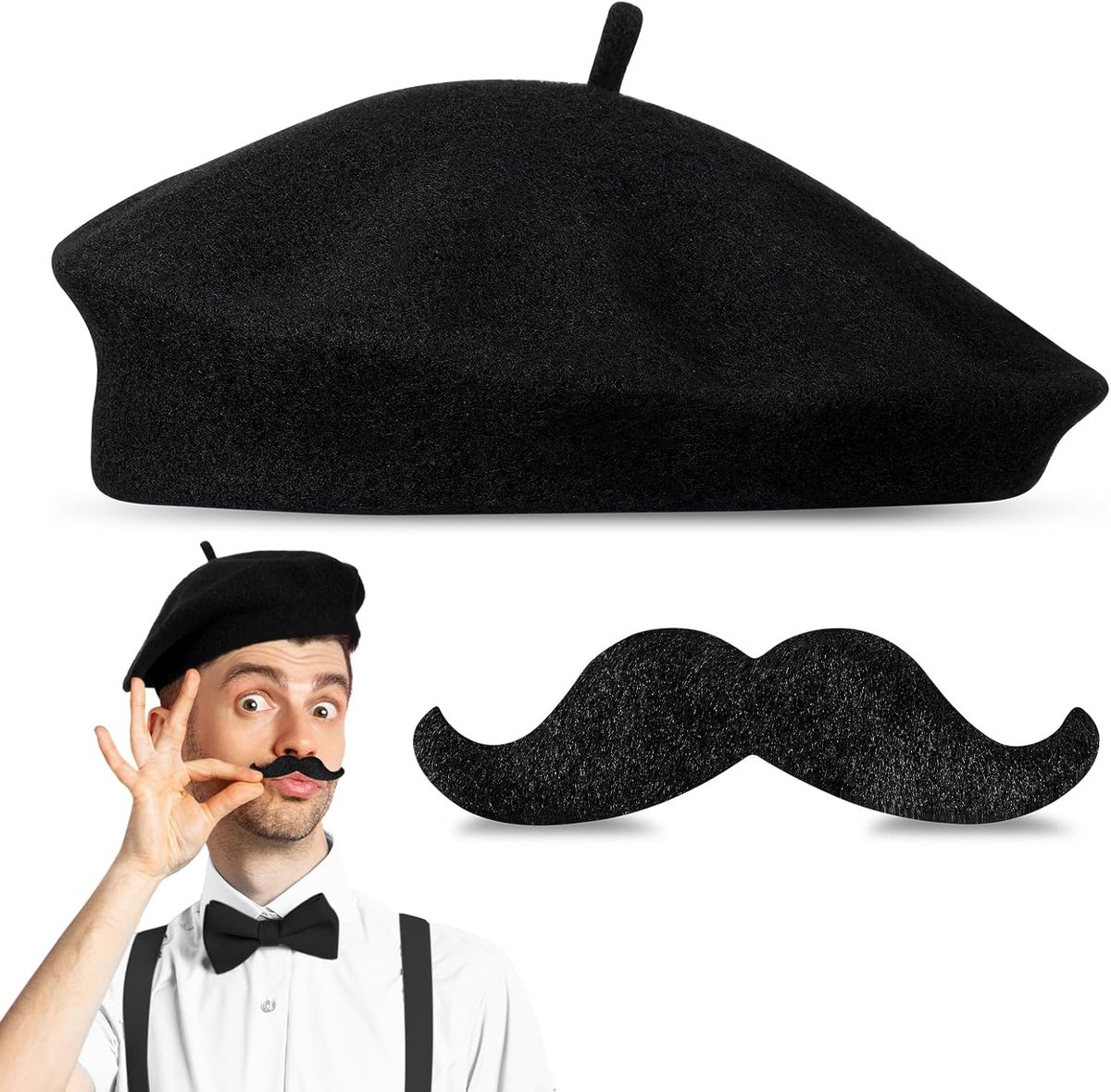 2 stuks Frans kostuum voor heren, bevat een baret en een valse snor zelfklevend, voor volwassenen, uniseks, Franse mannen, accessoires voor carnavalskostuums
