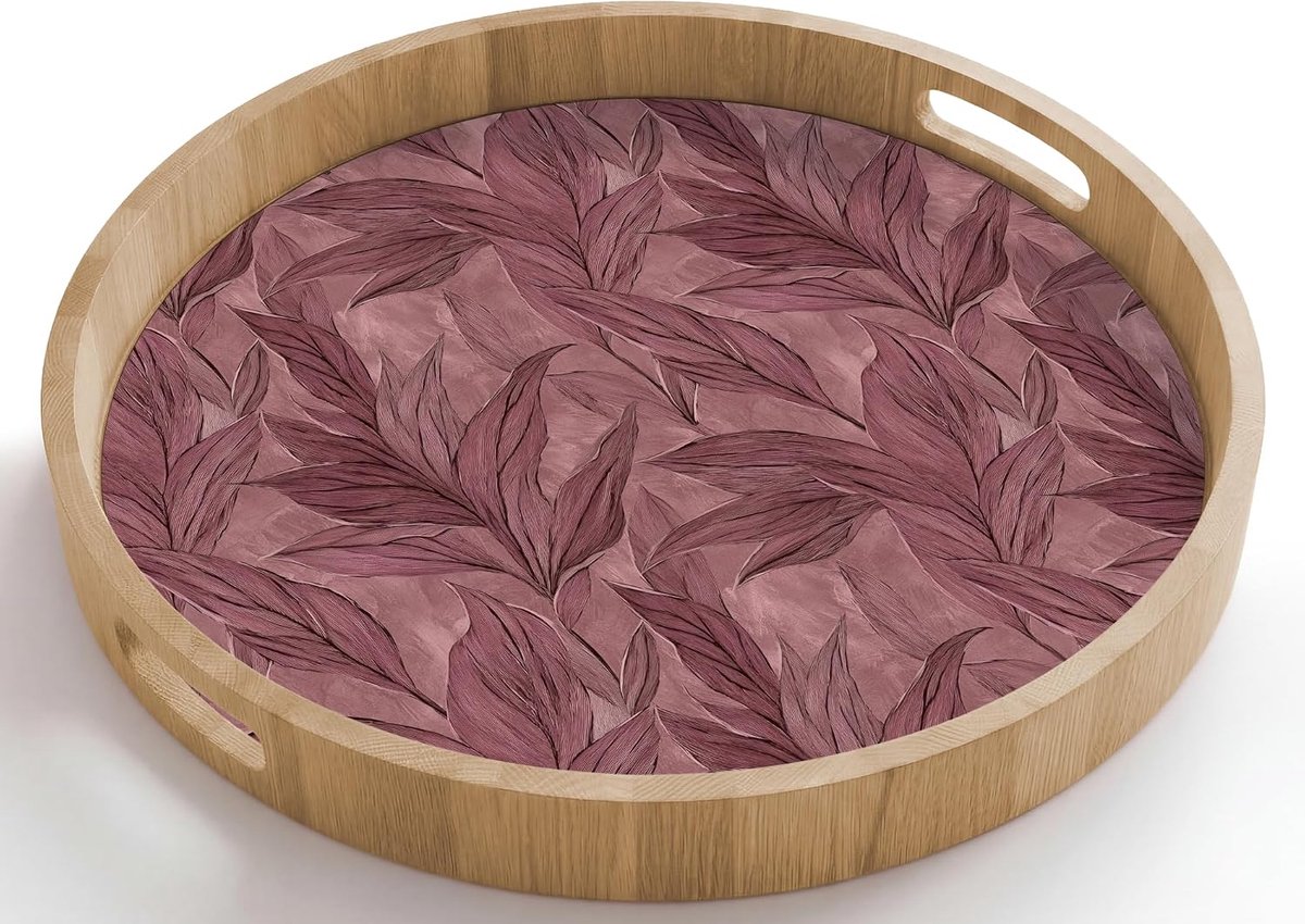 Dienblad Rond 50x50 cm Houten Serveerblad Met Handgrepen Gelakt Eikenhout Krasbestendig Hittebestendig Ontbijt Koffie Thee Eten Bladeren - Patroon - Paars