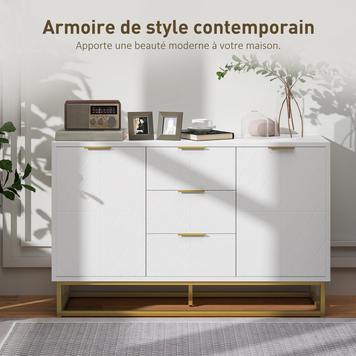 Buffetkast - Keukenkast - opbergkast met 2 deuren - verstelbare legplanken - 3 lades - wit hout en goudkleurig metaal - 120 x 40 x 76 cm