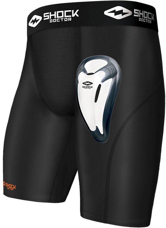 Zwarte sportshort met witte/zilveren cup en 'SHOCK DOCTOR' logo op de tailleband.