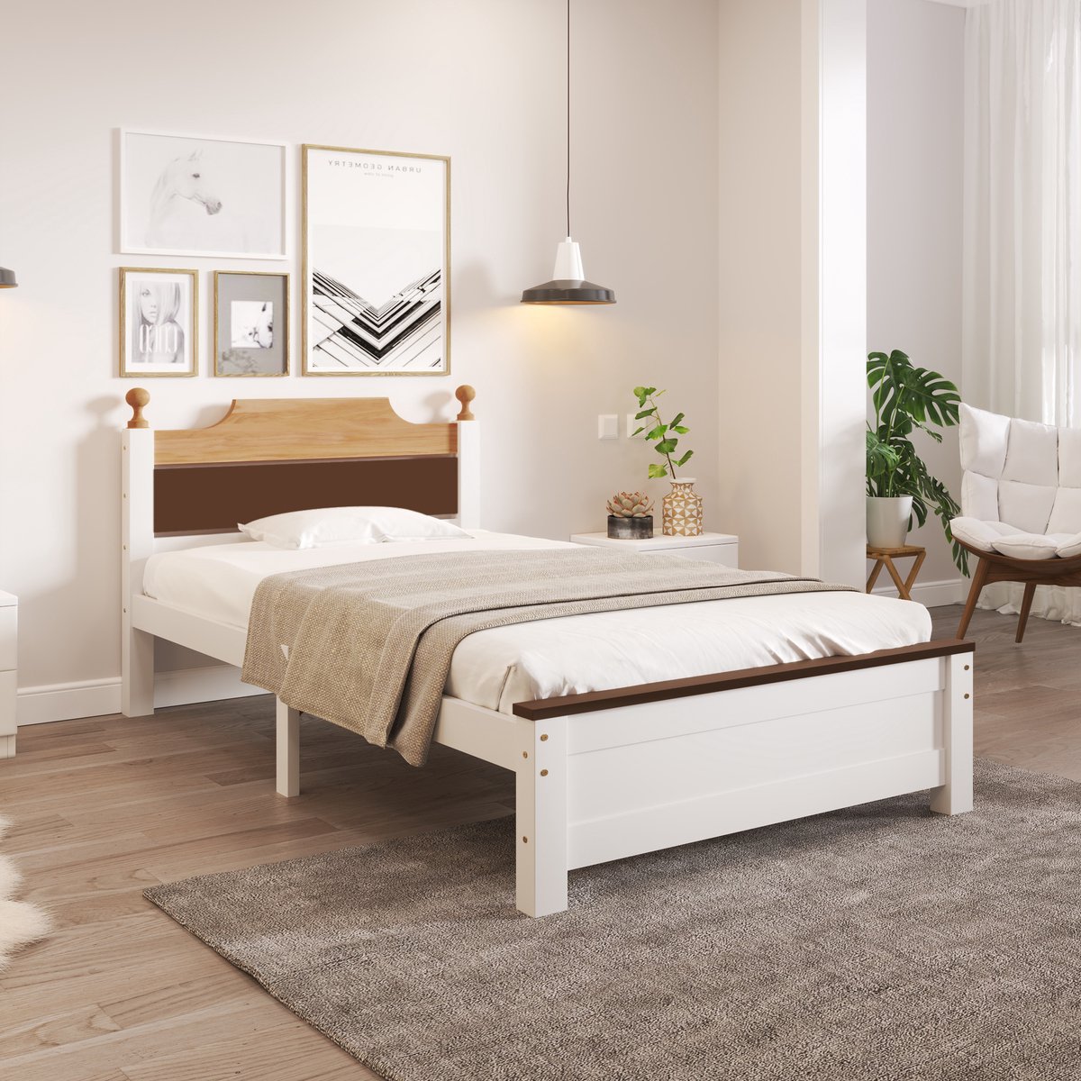 Bedframe - voor matras 90 x 200 cm - wit - met lattenbodem - afmetingen 97,5 x 210 x 82,5 cm cm - matras niet inbegrepen - voor de slaapkamer