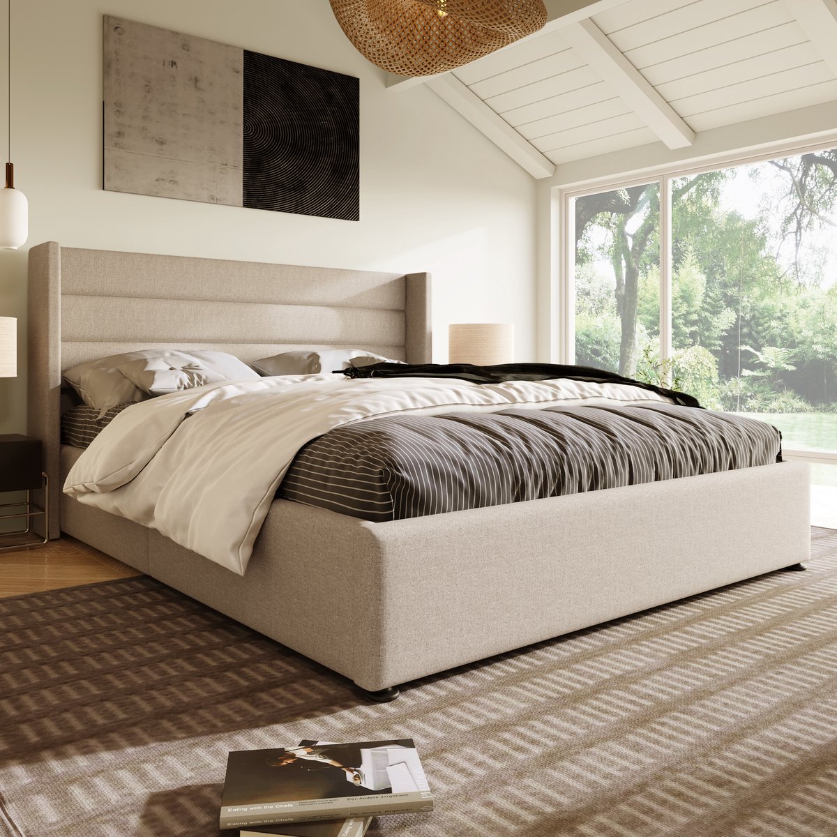 Gestoffeerd bedframe - voor matras 140 x 200 cm - beige - met opbergruimte en lattenbodem - matras niet inbegrepen - voor de slaapkamer