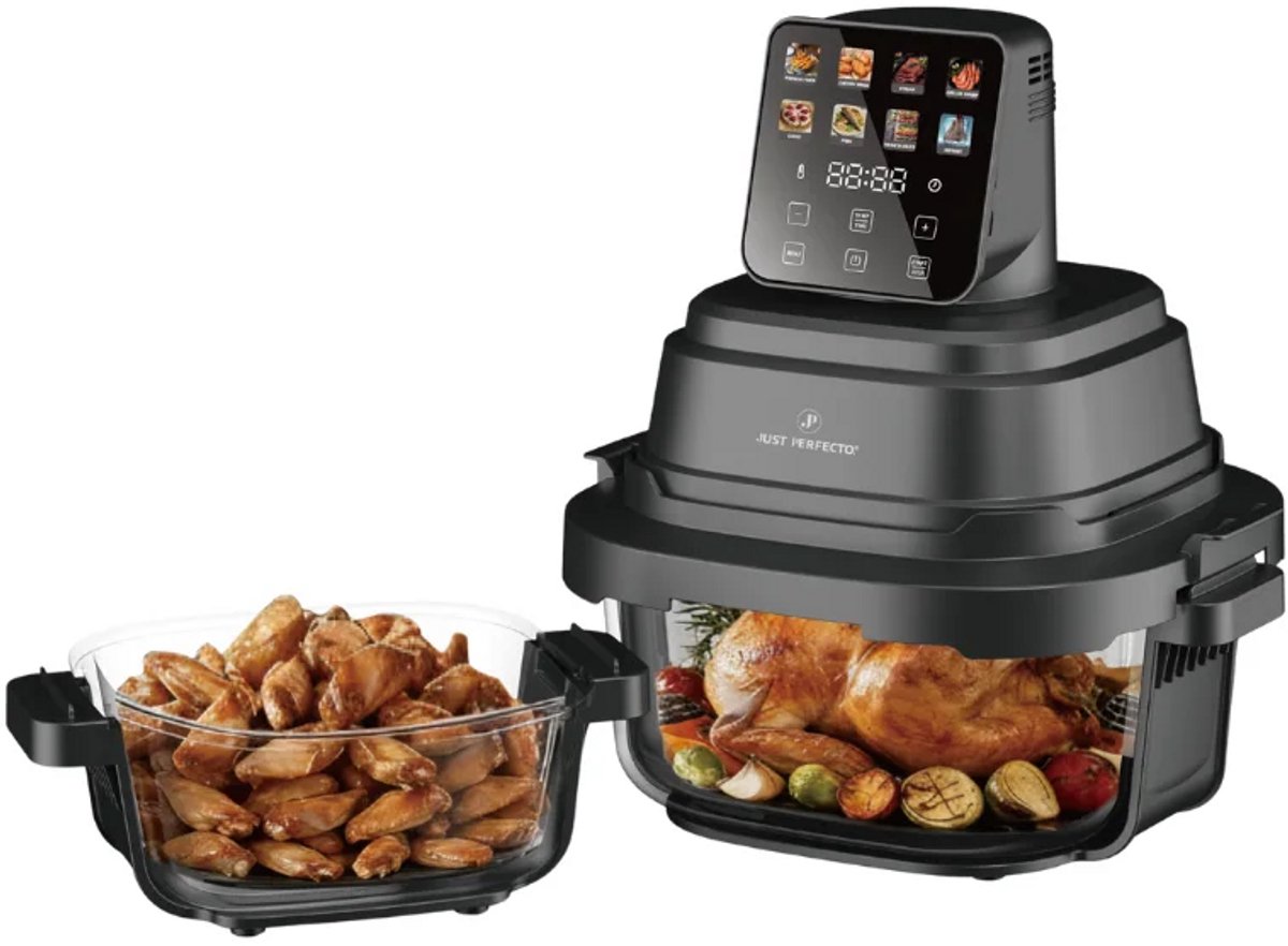 Glazen Airfryer 1500W – Heteluchtfriteuse met 1,5L en 4L Glazen Schalen – 8 Bakprogramma’s, 80–200 °C en 360° Heteluchtcirculatie – Zwart