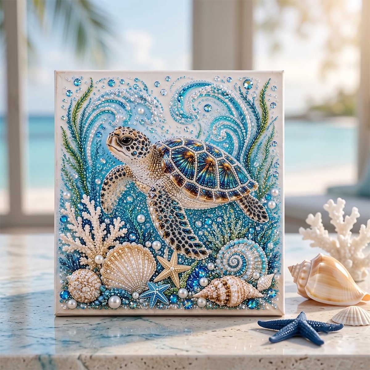 Casalora® 3D Diamant Schilderij DIY Kit Oceaan Parel – Zeeschildpad – Diamond Painting Set met Lijst – Creatieve Hobby voor Volwassenen & Beginners – Wanddecoratie Cadeau