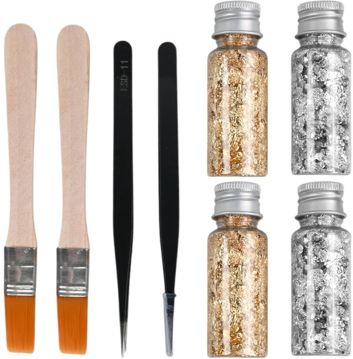 SolidKeus - Set van 4 Flessen met Gouden en Zilveren Bladeren voor Creatieve Projecten