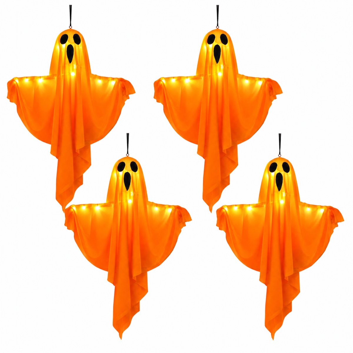Halloween Hangende Spookdecoratie met Warm Witte LED Verlichting - 50 x 40 cm - Verlichte Geest Hanglamp voor Binnen en Buiten - Decoratie voor Tuin, Voordeur, Balkon, Slaapkamer, Feest, Patio en Halloween Themafeest - 4 stuks