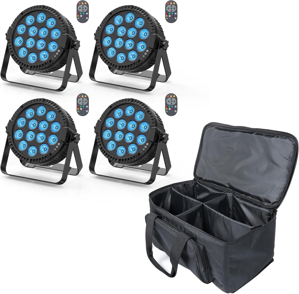 Set van 4 84 W led-schijnwerpers met tas, RGBW DMX512 Par led-verlichting, podiumverlichting met afstandsbediening, disco partyverlichting voor stage, DJ, KTV, show, bar, Halloween, Kerstmis