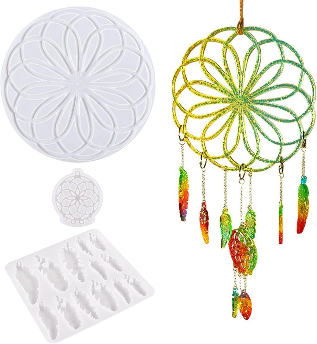 Dreamcatcher Siliconen Mallen voor Epoxyhars, Dream Catcher Hars Mallen, Muur Opknoping Veer Hanger Sleutelhanger Kit met Jump Rings, String voor Craft Home Decoratie