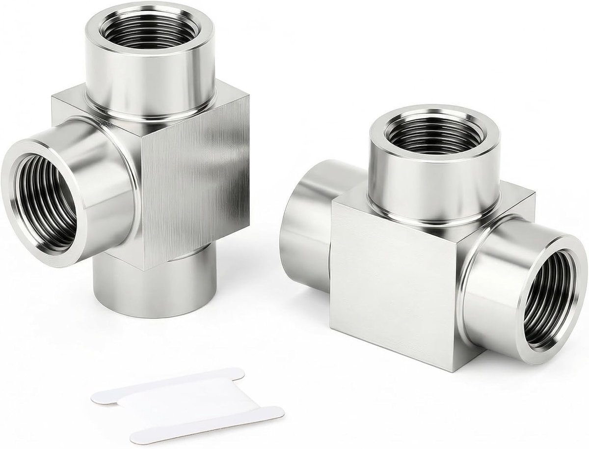 2 stuks 3/8" BSP 304 Roestvrijstalen T-stuk Buisfitting, 3-weg Connector met Binnendraad, Verdikte Buiskoppeling met Vierkante Behuizing voor Water, Olie, Gas