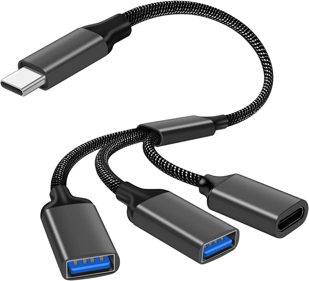 USB-C mannelijk naar dubbele USB-aansluiting en 1 type-C-aansluiting, 3-in-1 laad- en gegevensconverter voor laptop, Mac, smartphone
