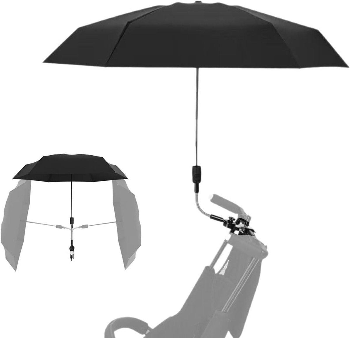 Parasol voor kinderwagen, uv-bescherming, 360 graden, flexibele zonwering, 95 cm diameter, beschermt effectief tegen zonlicht en regen, zwart