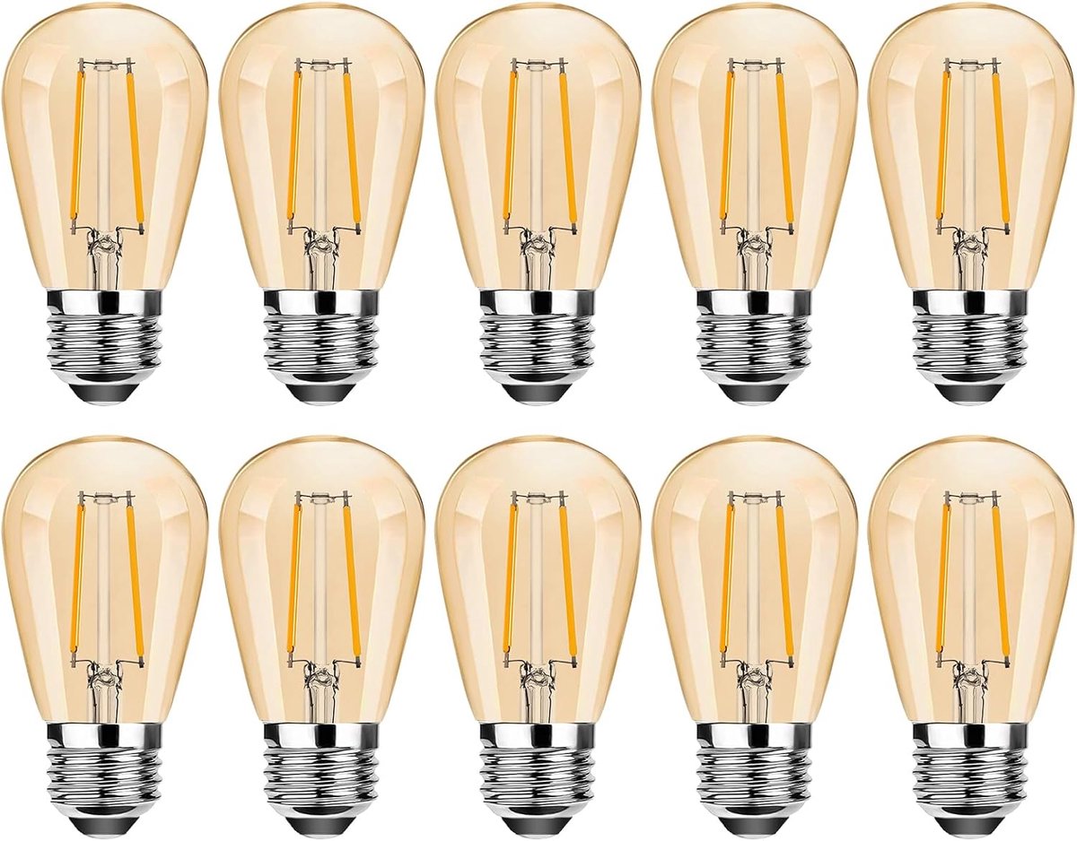 Dimbare E27 LED lamp, Vintage 2W S14 E27 lamp, 2700K warm wit, 180 lumen vervangt 15 watt gloeilamp, retro E27 LED gloeilamp, amber, 10 stuks