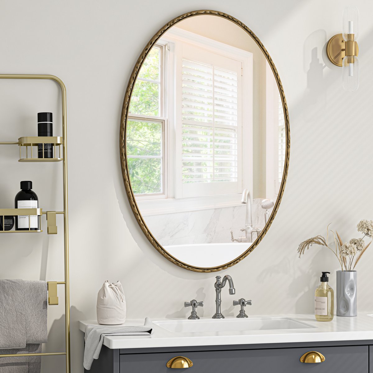 DESMIU Wandspiegel – Ovaal Retro Antiek Effect – 65 x 100 cm – Glas IJzer MDF – Goud – Voor Badkamer Woonkamer En Slaapkamer
