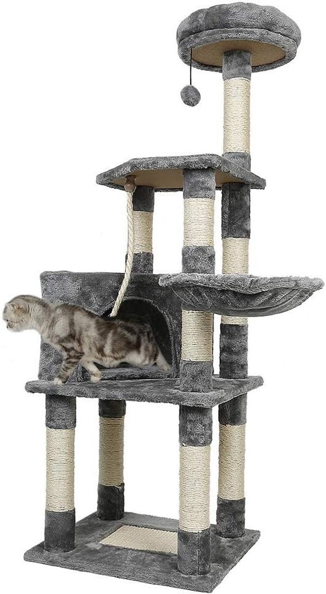 Katten Krabpaal - Klimboom Speelmeubel - Spelen en Ontspannen - Stabiele Constructie - 135 cm Hoog - Grijs