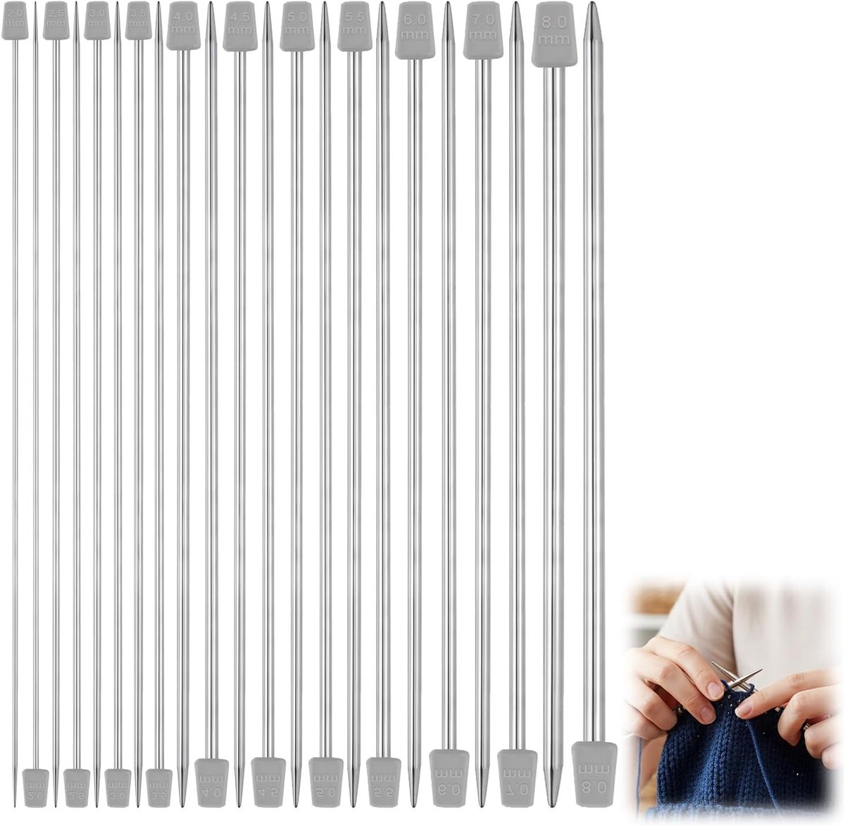 11 paar breinaalden, 25 cm, zilver, set van 2,0 mm tot 8,0 mm voor breiwerken