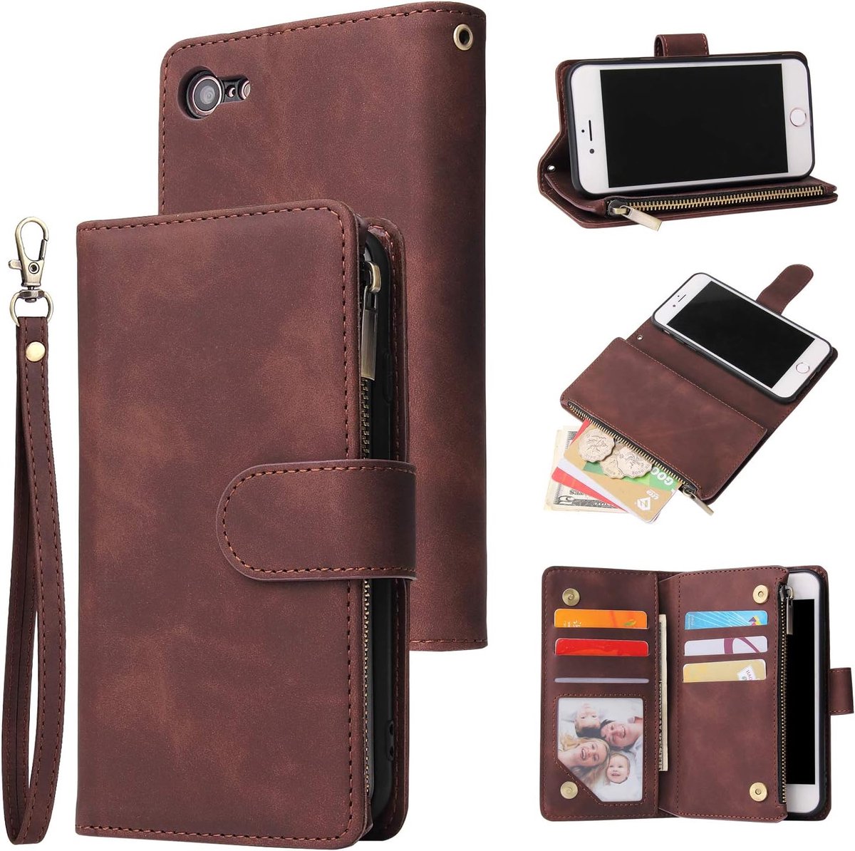 Portemonnee-hoesje voor iPhone SE 2022 5G/iPhone 7/iPhone 8/iPhone SE 2020, hoogwaardig PU-lederen magnetisch portemonneehoesje met rits, hoesje met kickstand, kaartsleuven en polsband, flip