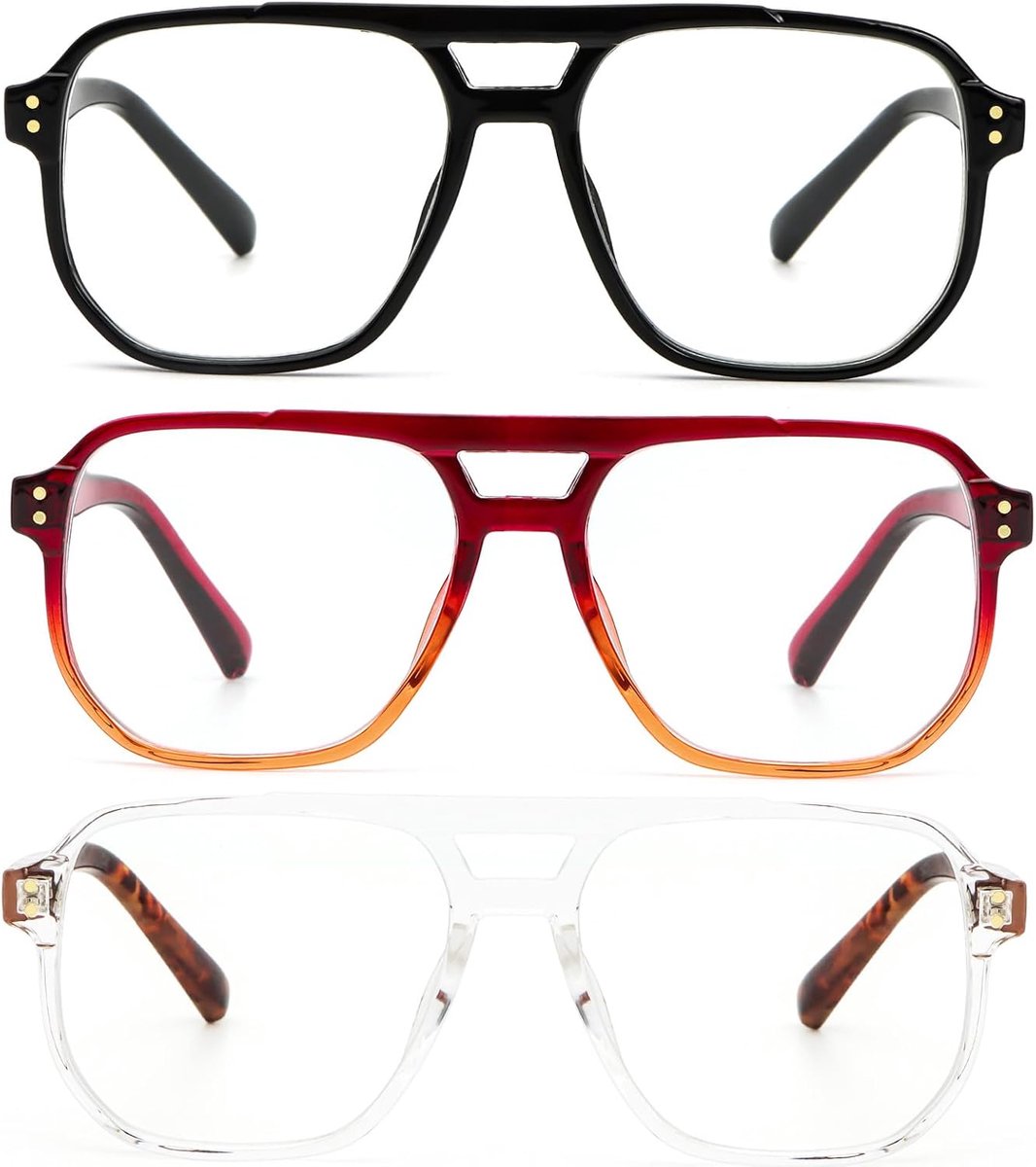 3-pack leesbril voor vrouwen en mannen retro rond oversized frame anti-blauw licht bril met veerscharnier