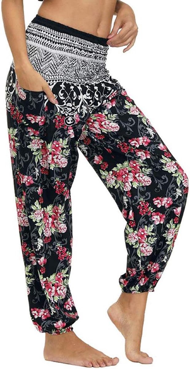 Thaise hippiebroek voor dames, bedrukt, voor de zomer, hoge elastische taille met zakken voor yoga, casual
