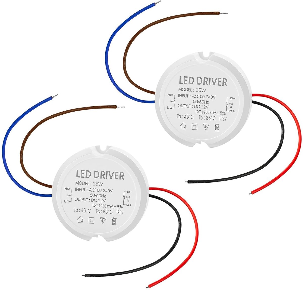 Transformator mini voeding: 2 stuks inbouwvoeding rond, waterdicht IP67 ronde transformator, LED transformator voor LED-lichtslinger verlichting binnen en buiten